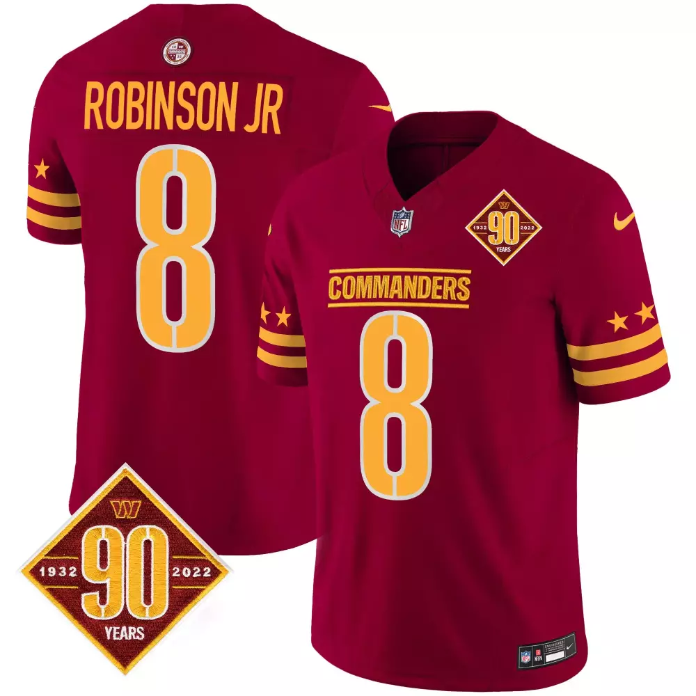 robinson jr burgundy mens washington commanders 90th anniversary patch vapor limited jersey all stitched