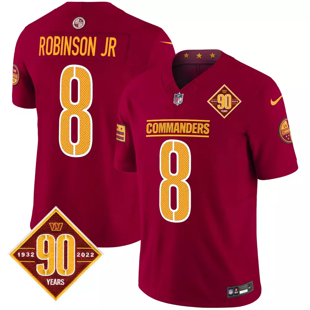 robinson jr burgundy mens washington commanders 90th anniversary patch vapor limited jersey all stitched