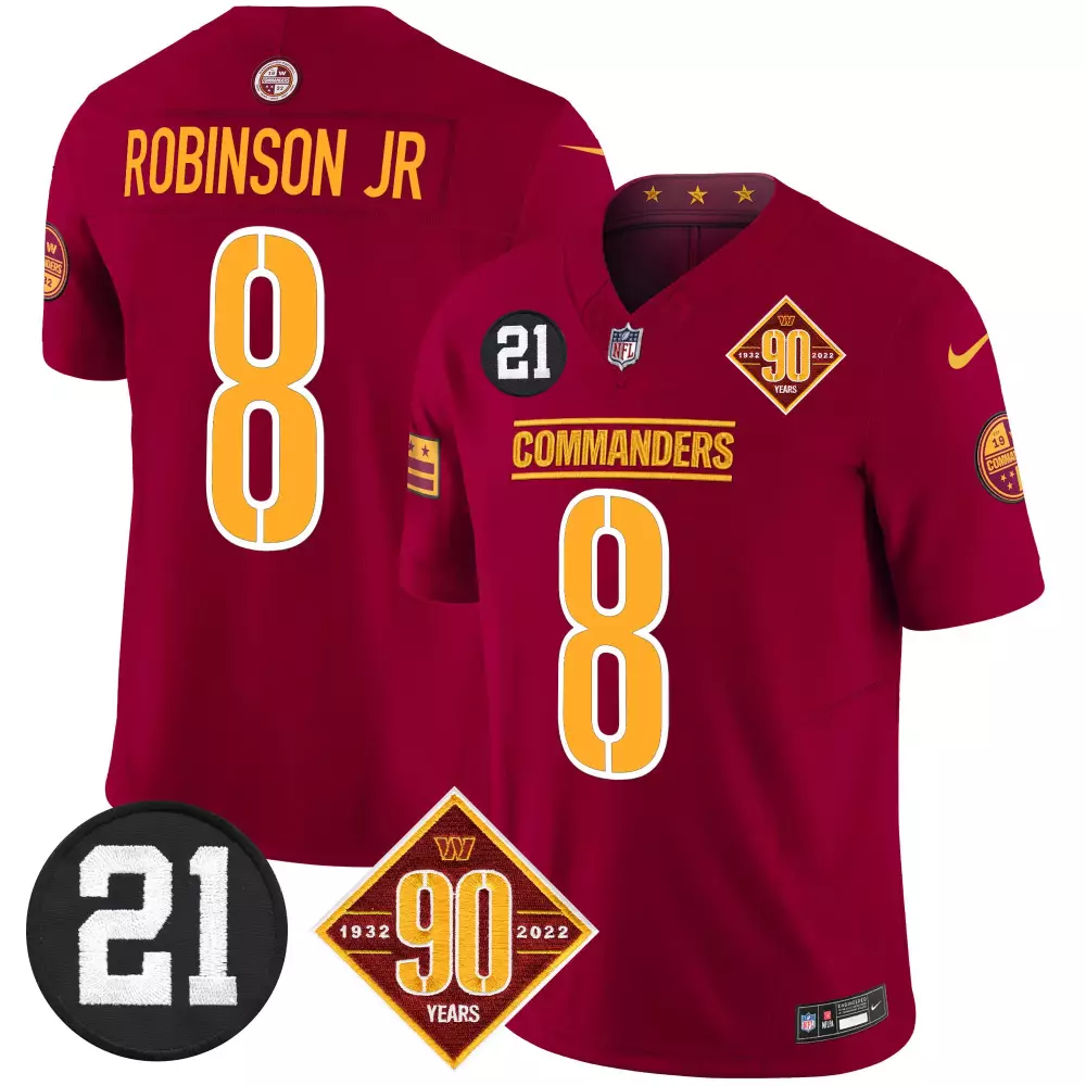 robinson jr burgundy mens washington commanders 90th anniversary patch vapor limited jersey all stitched