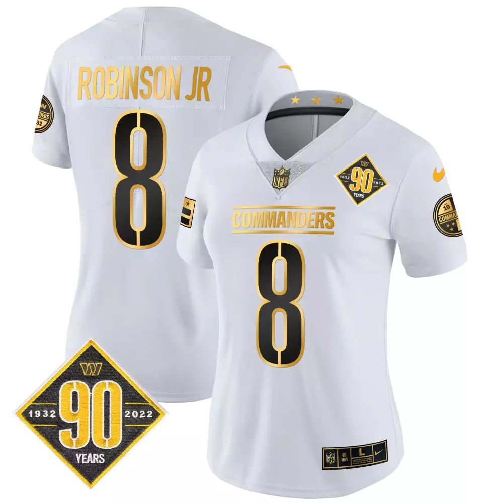 robinson jr white gold womens washington commanders 90th anniversary patch gold vapor jersey all stitched