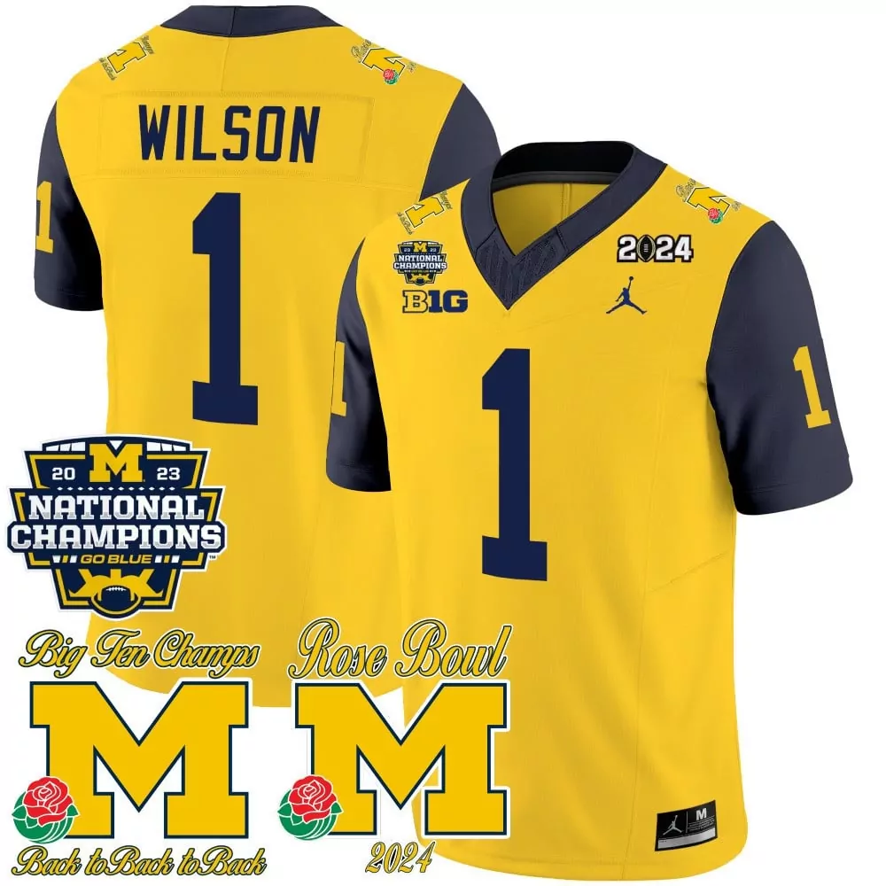 roman wilson navy sleeves mens michigan wolverines 2023 national champions patch vapor jersey v5 all stitched