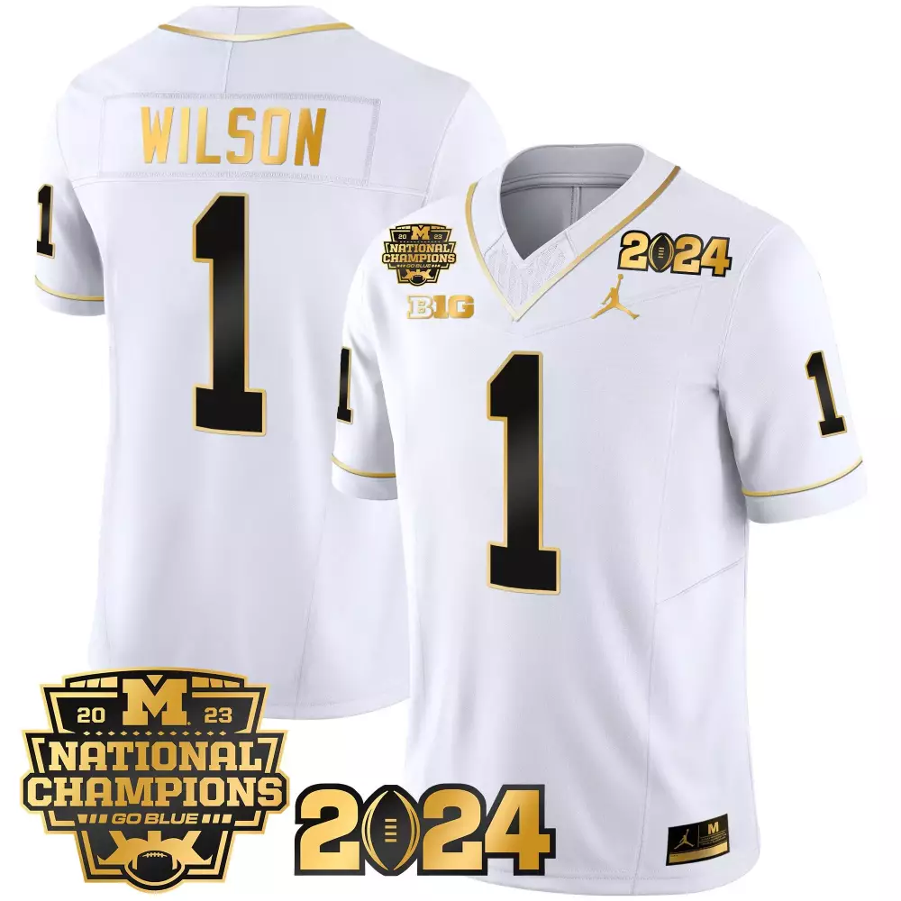 roman wilson white gold mens michigan wolverines 2023 national champions patch gold vapor jersey all stitched