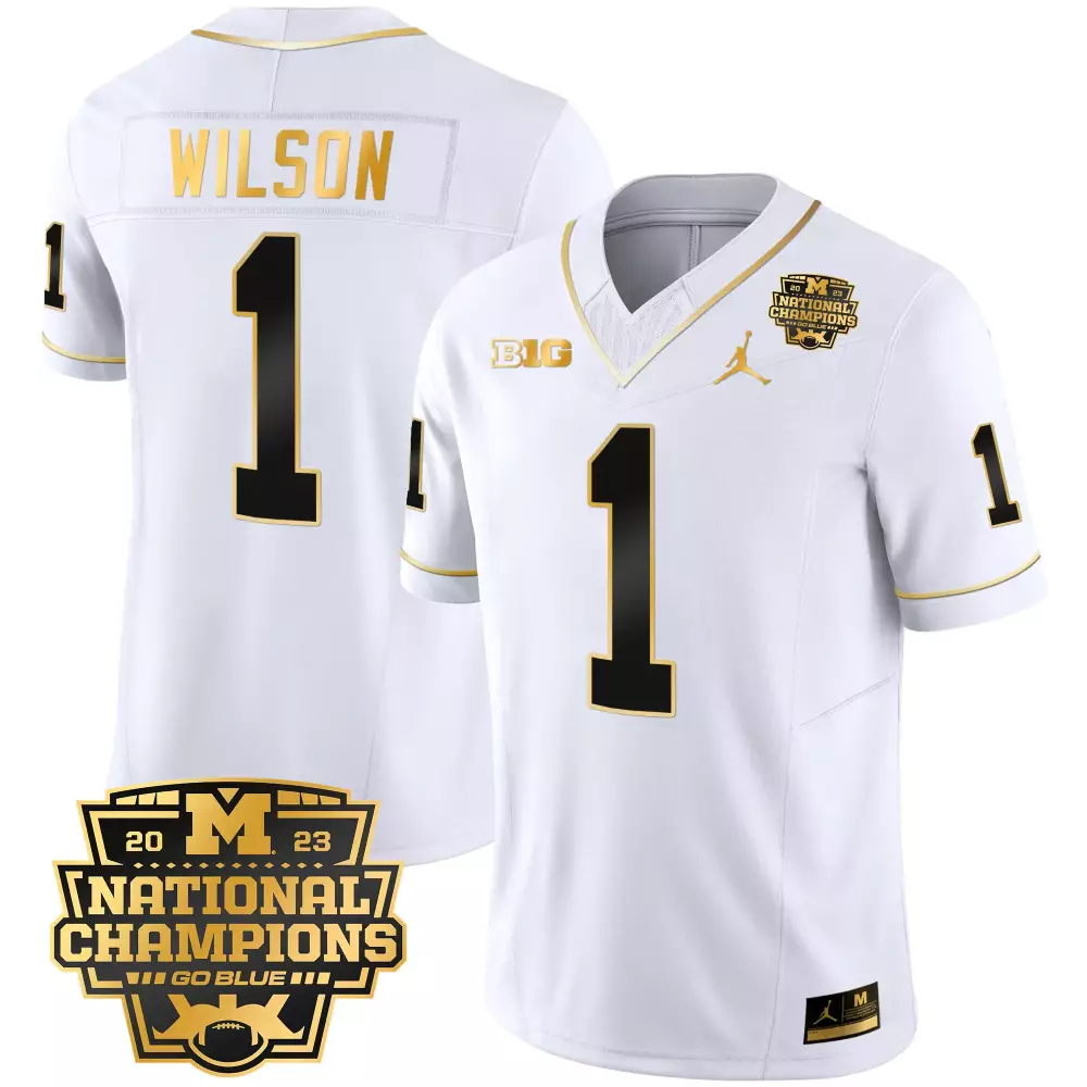 roman wilson white gold mens michigan wolverines 2023 national champions patch gold vapor jersey all stitched