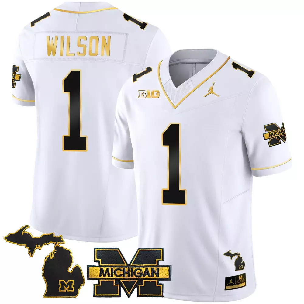 roman wilson white gold mens michigan wolverines 2023 national champions patch gold vapor jersey all stitched