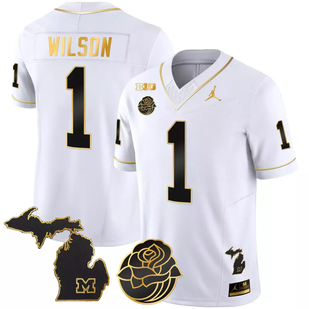 roman wilson white gold mens michigan wolverines 2023 national champions patch gold vapor jersey all stitched