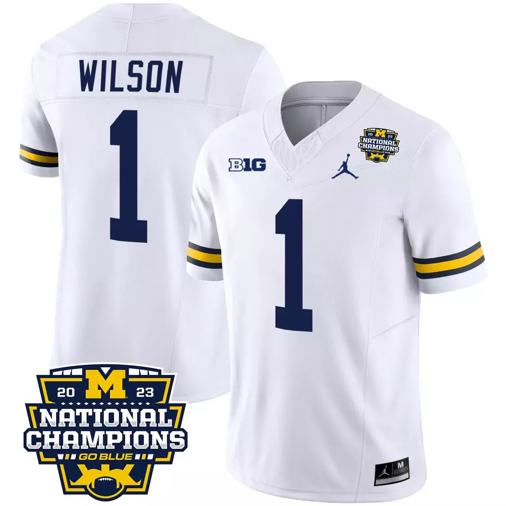 roman wilson white mens michigan wolverines 2023 national champions patch vapor jersey v3 all stitched