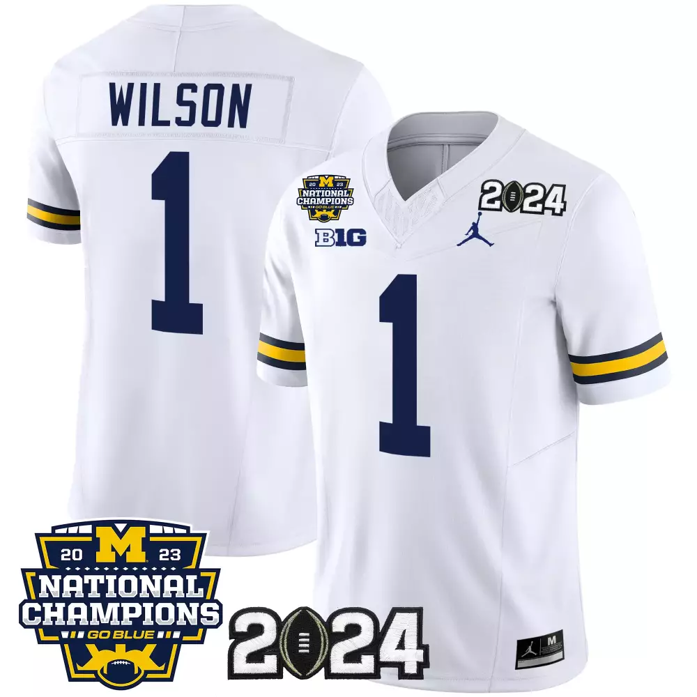 roman wilson white mens michigan wolverines 2023 national champions patch vapor jersey v3 all stitched