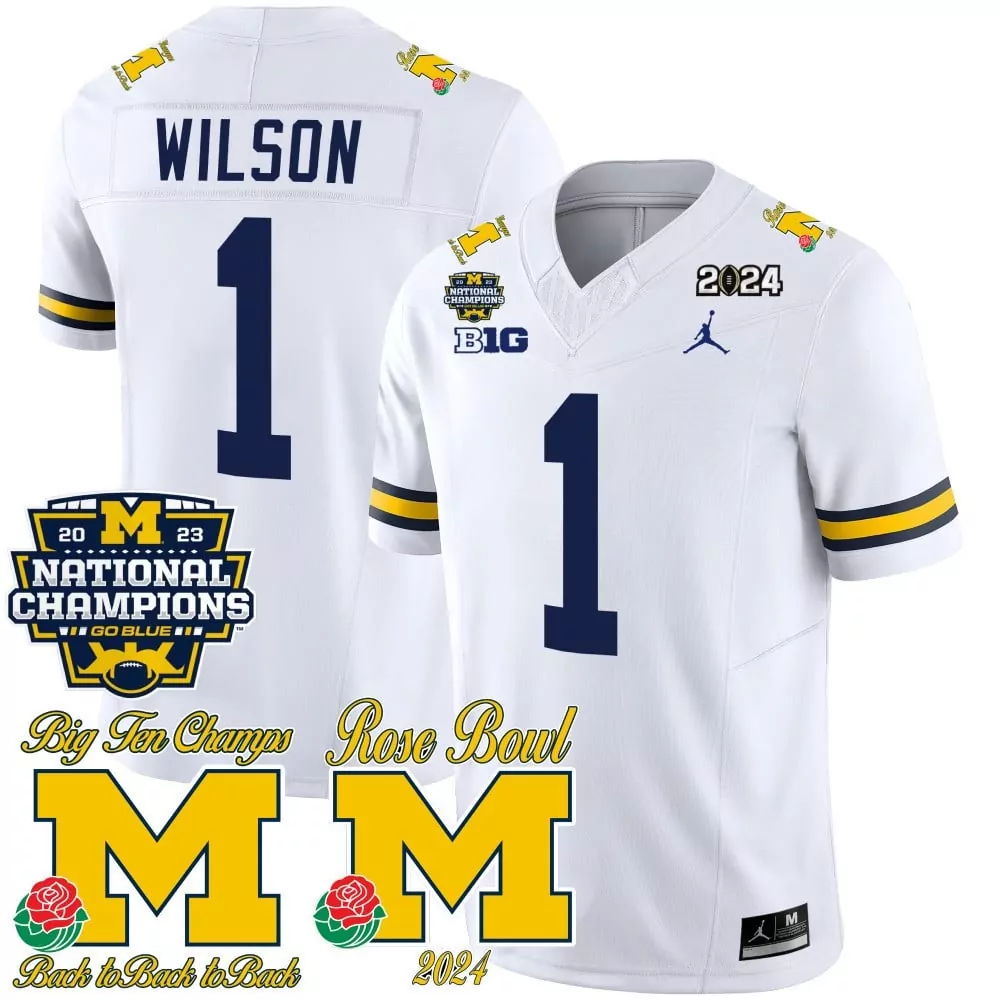 roman wilson white mens michigan wolverines 2023 national champions patch vapor jersey v3 all stitched