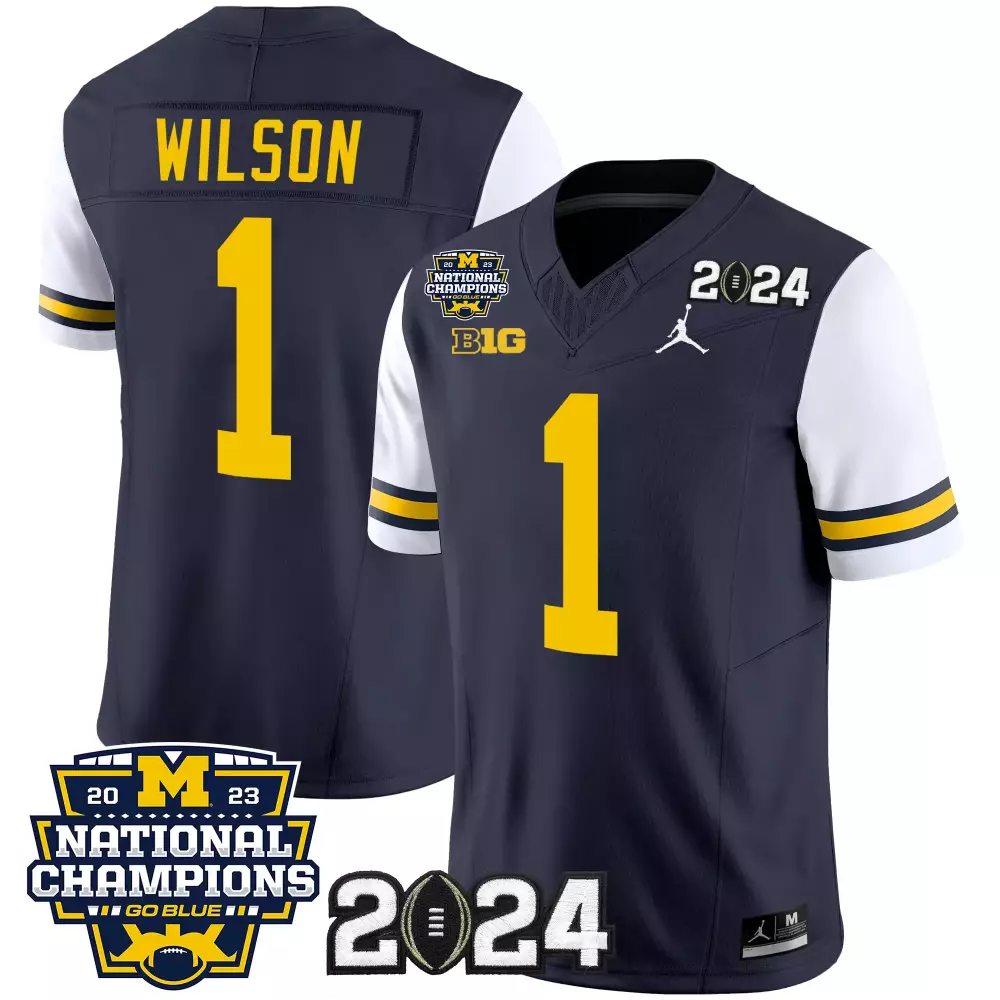 roman wilson white sleeves mens michigan wolverines 2023 national champions patch vapor jersey all stitched