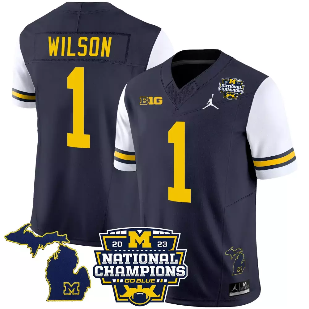 roman wilson white sleeves mens michigan wolverines 2023 national champions patch vapor jersey all stitched