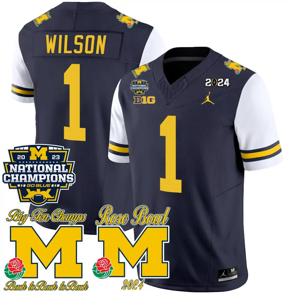 roman wilson white sleeves mens michigan wolverines 2023 national champions patch vapor jersey all stitched