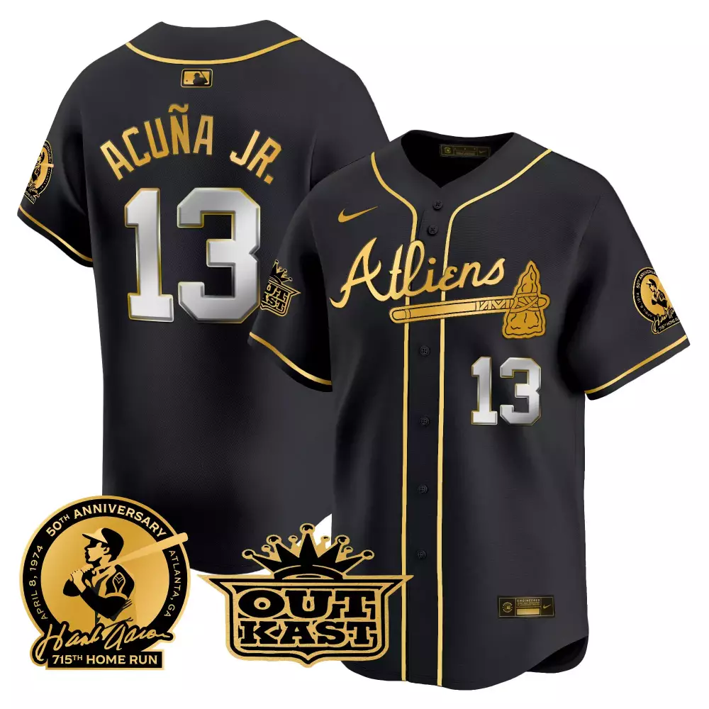 Ronald Acuna Jr. Black & Gold Men's Atlanta Braves Atliens Hank Aaron Patch Jersey | Vapor Premier Limited | All Stitched | For Men, Women & Youth