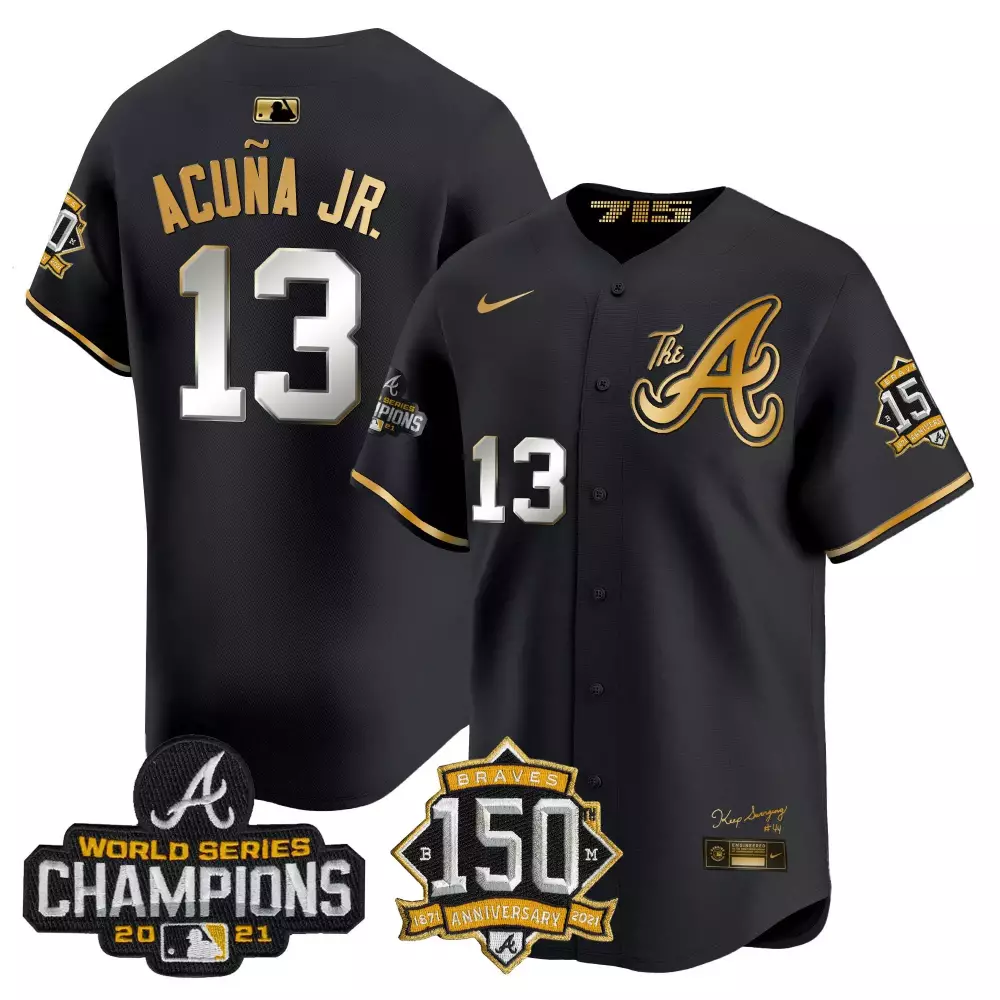 Ronald Acuna Jr. Black & Gold Men's Atlanta Braves Champions 150th Patch Jersey | Vapor Premier Limited | All Stitched | For Men, Women & Youth