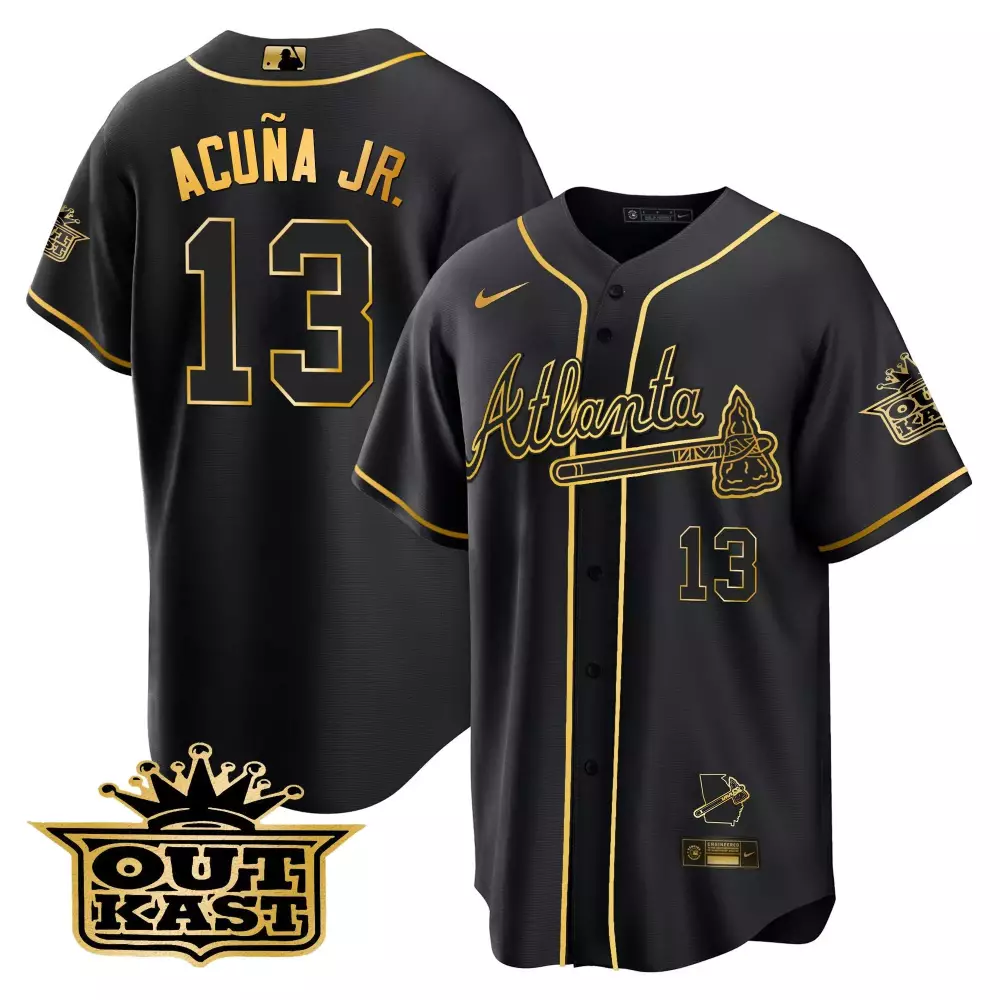 Ronald Acuna Jr. Black & Gold Men's Atlanta Braves Outkast Cool Base Gold Jersey V3 | All Stitched | Perfect Fan Gear | For Men, Women & Youth