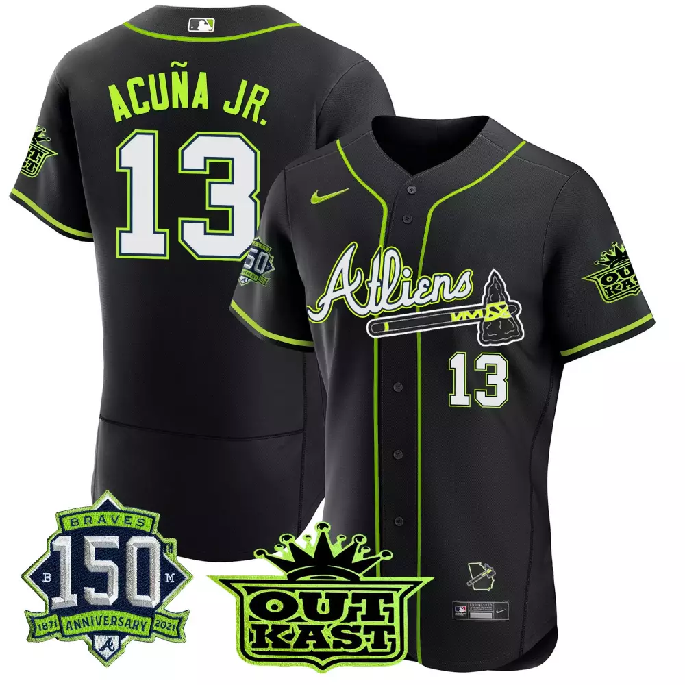 Ronald Acuña Jr. Atlanta Braves Black Atliens 150th Anniversary Patch Flex Base Jersey | All Stitched Design | For Me
