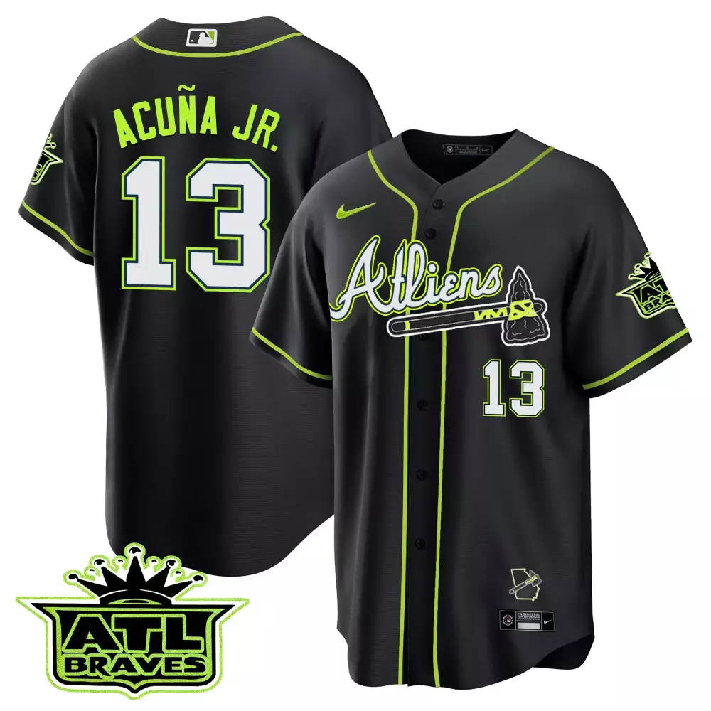 Ronald Acuña Jr. Atlanta Braves Black Atliens 150th Anniversary Patch Flex Base Jersey | All Stitched Design | For Me