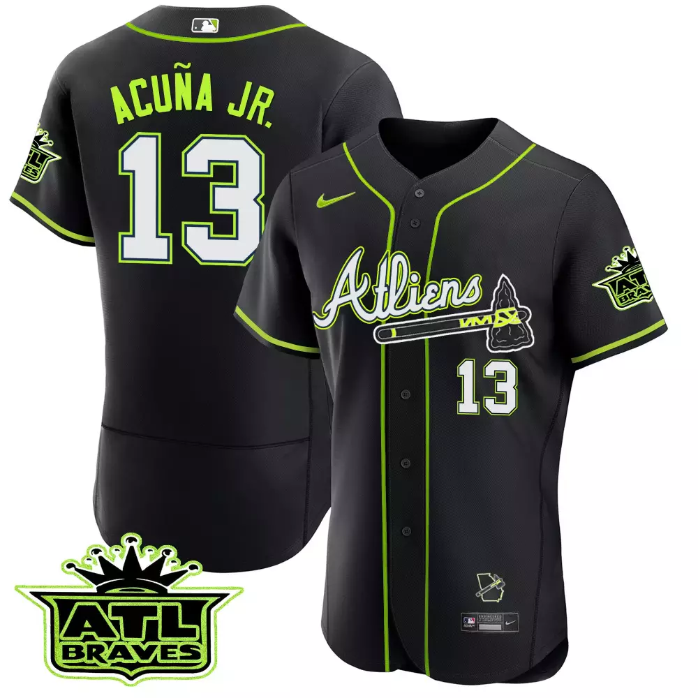 Ronald Acuña Jr. Atlanta Braves Black Atliens 150th Anniversary Patch Flex Base Jersey | All Stitched Design | For Me