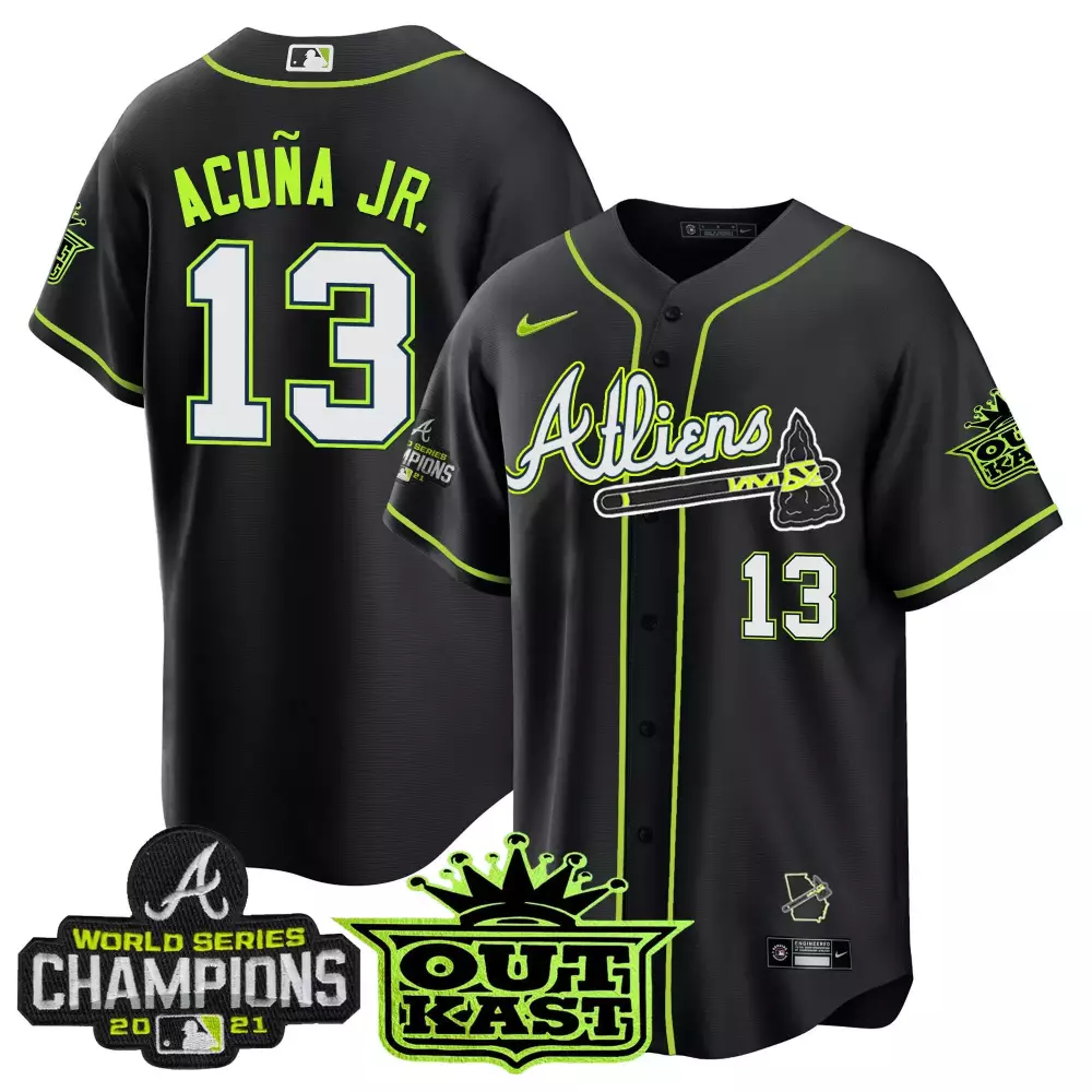 Ronald Acuña Jr. Atlanta Braves Black Atliens 150th Anniversary Patch Flex Base Jersey | All Stitched Design | For Me