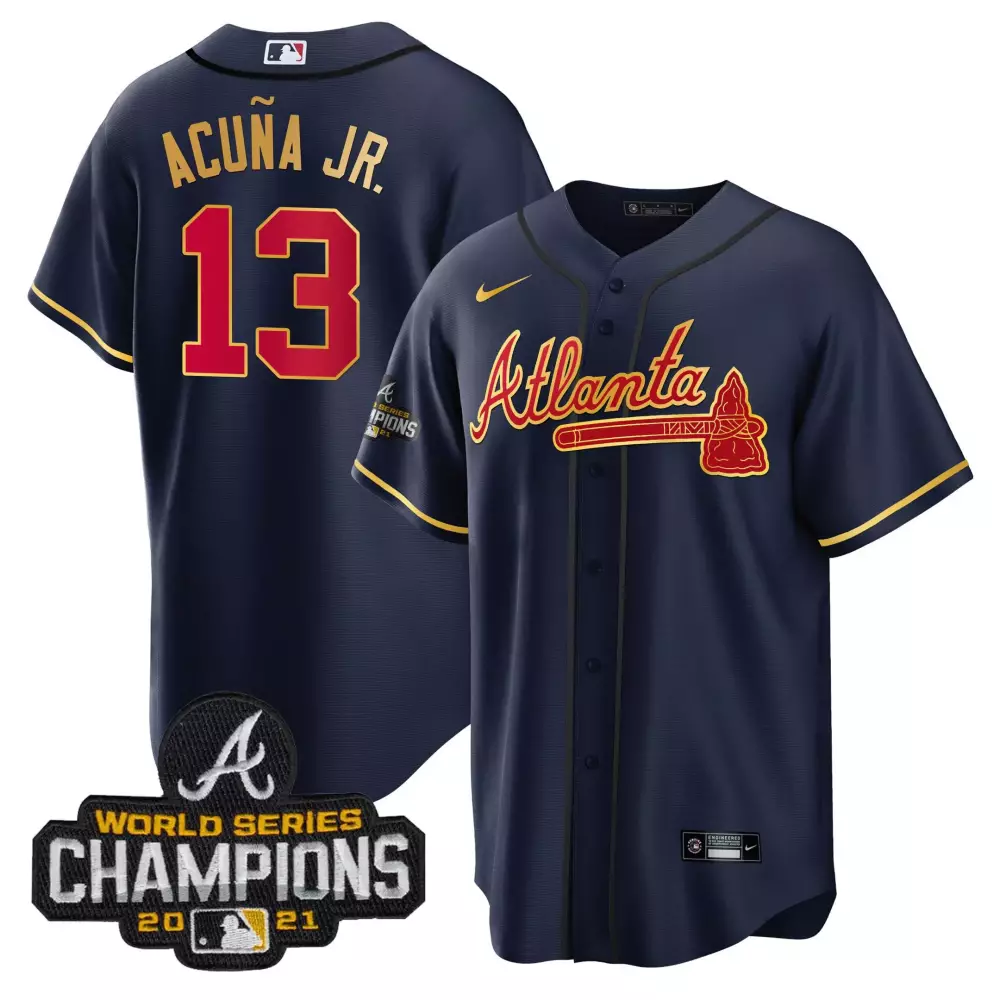 Ronald Acuña Jr. Atlanta Braves Champions Navy Jersey | Cool Stitched with Gold Trim | Limited Edition Fan Gear | For Men, Women & Yout