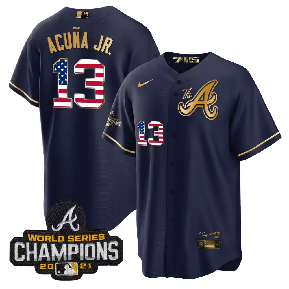 Ronald Acuna Jr. Navy Gold Men's Atlanta Braves The A Gold Flag Cool Base Jersey | All Stitched | Game Day Outfit for Men
