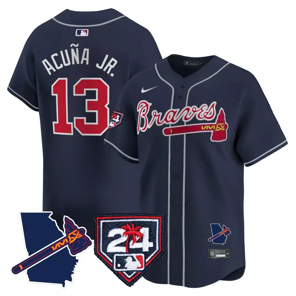 Ronald Acuna Jr. Navy Men's Atlanta Braves 2024 Spring Training Georgia Patch Vapor Premier Limited Jersey | All Stitched | Gift Idea for Men