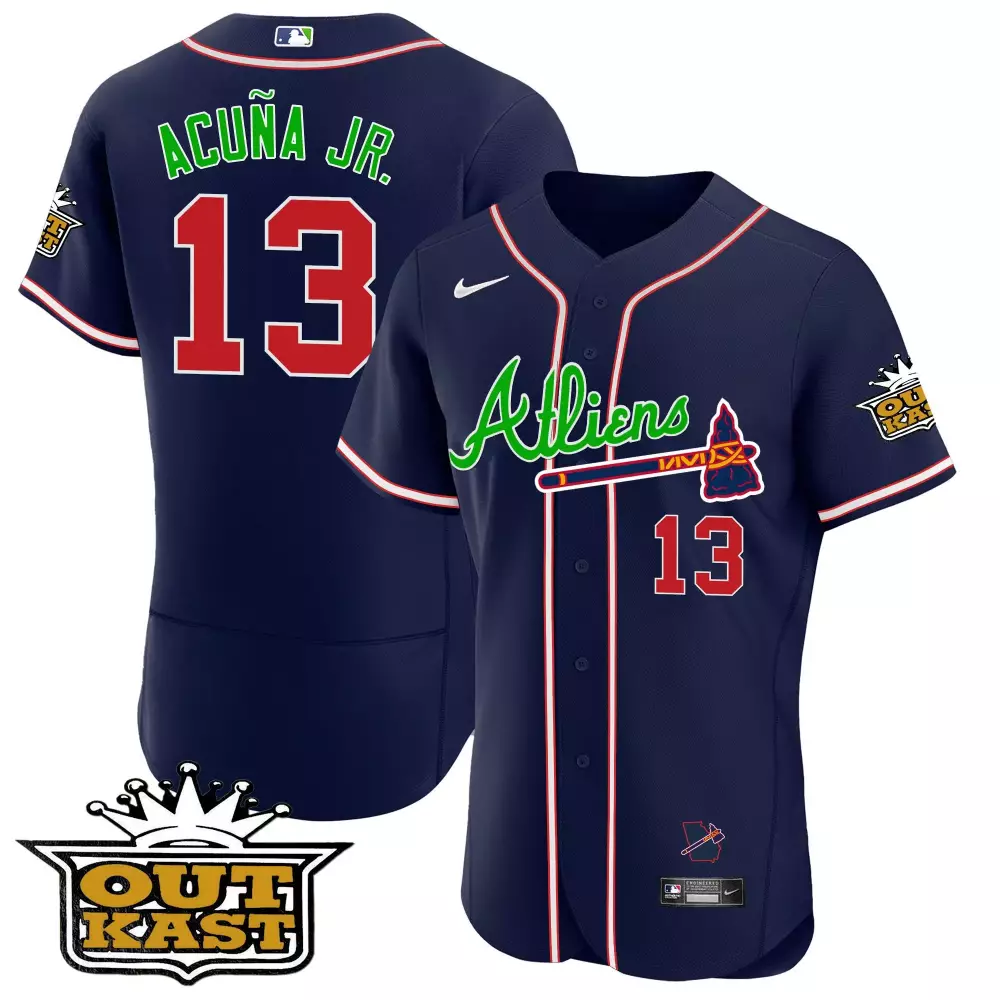 Ronald Acuna Jr. Atlanta Braves 2025 Atliens Navy Jersey V2 | Stitched Flex Base Fan Gear | For Men, Women & Youth