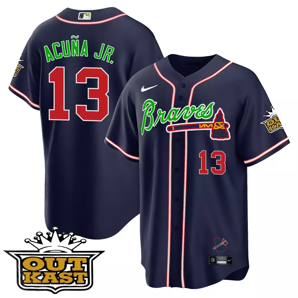 Ronald Acuna Jr. Atlanta Braves 2025 Outkast Navy Cool Base Jersey V2 | Stitched Fan Gear | For Men, Women & Youth