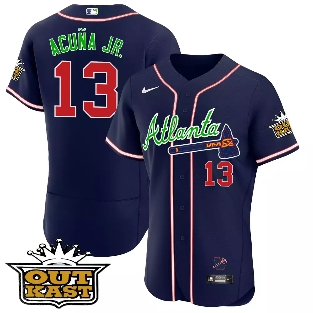 Ronald Acuna Jr. Atlanta Braves 2025 Outkast Navy Flex Base Jersey V3 | Stitched Fan Gear | For Men, Women & Youth