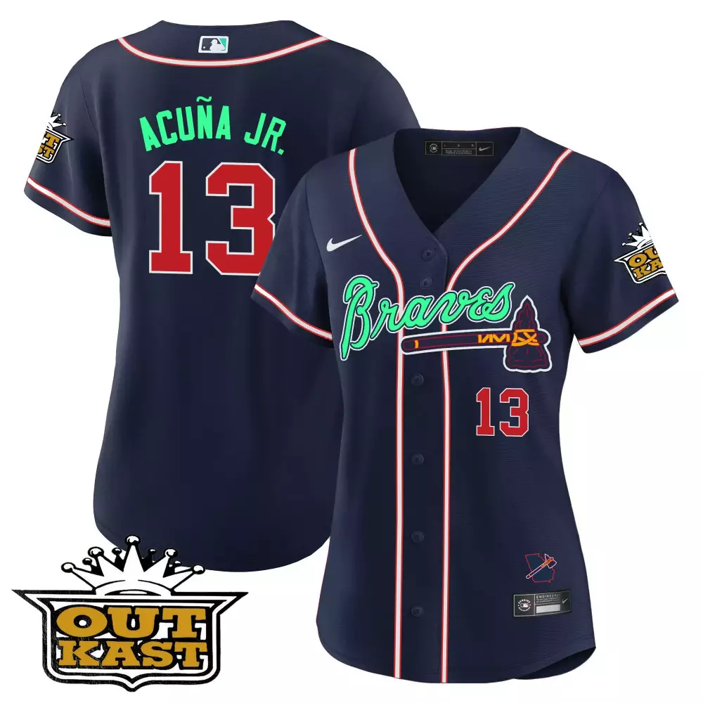 Ronald Acuña Jr. Navy Women's Atlanta Braves Outkast Baseball Jersey Galaxy Version | Stitched | For Women & Yout