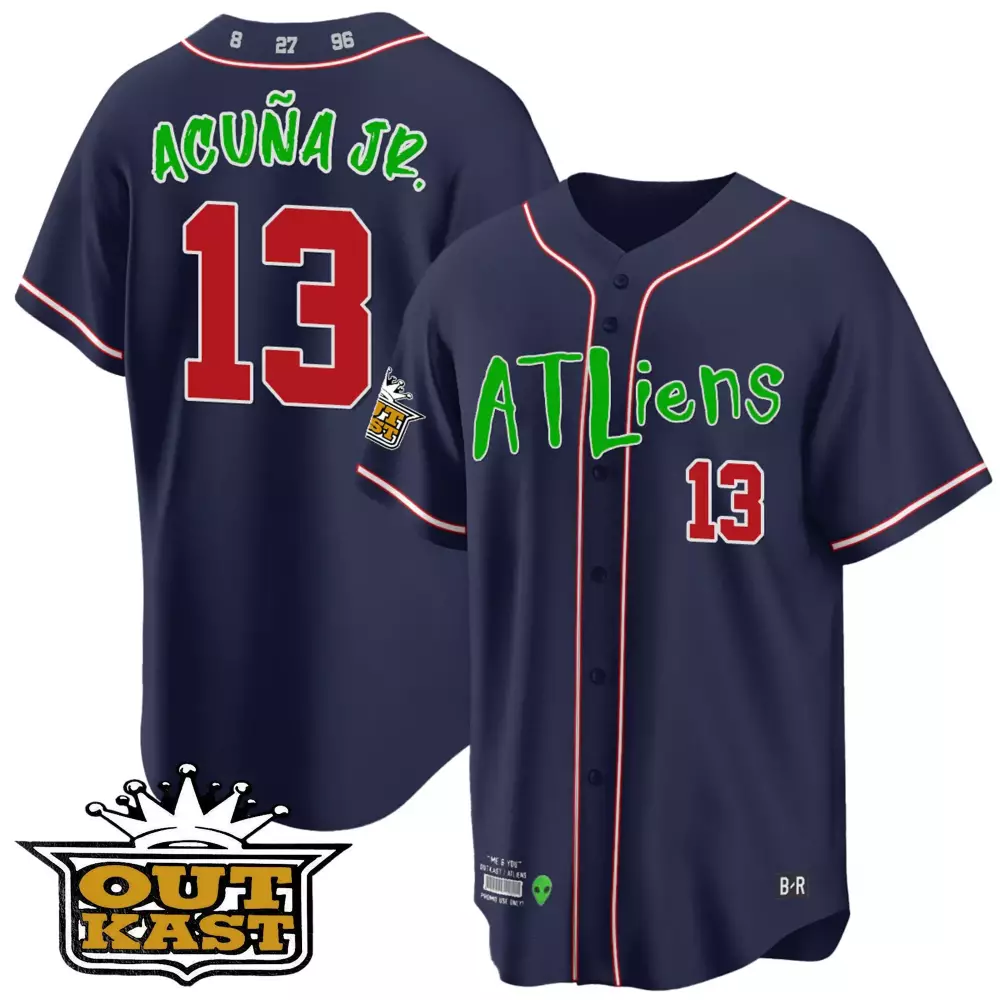 Ronald Acuña Jr. Navy Youths Atlanta Braves ATLiens Cool Base Jersey | All Stitched | For Yout
