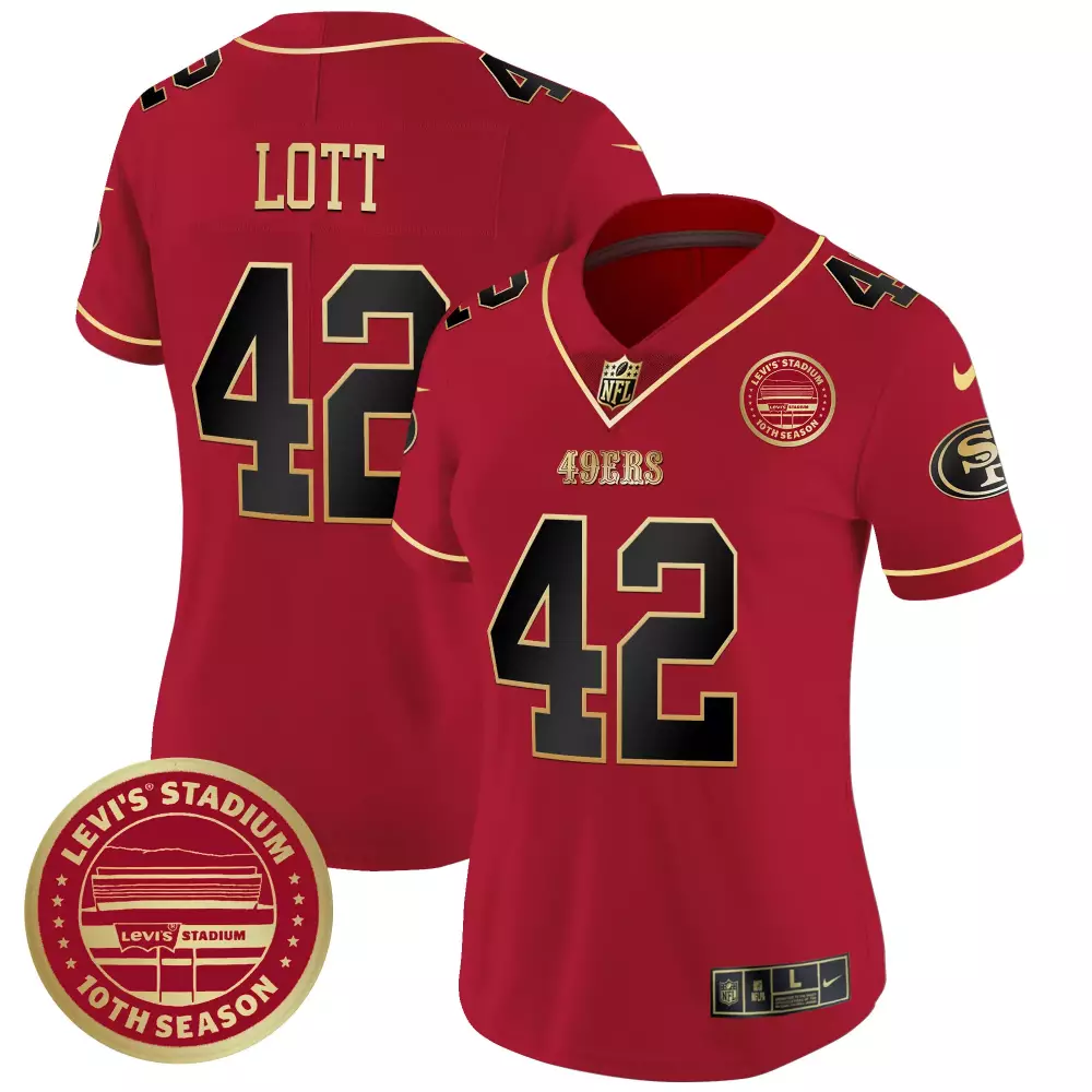 Ronnie Lott Scarlet Limited Women's 49ers Levi's Stadium 10th Season Patch Vapor Limited Jersey | Stitched Style | Fan Gear for Men, Women & Youth