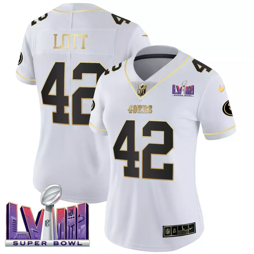 Ronnie Lott White Gold Women's 49ers Super Bowl LVIII Patch Vapor Jersey V2 | Stitched Style | Fan Gear for Men, Women & Youth