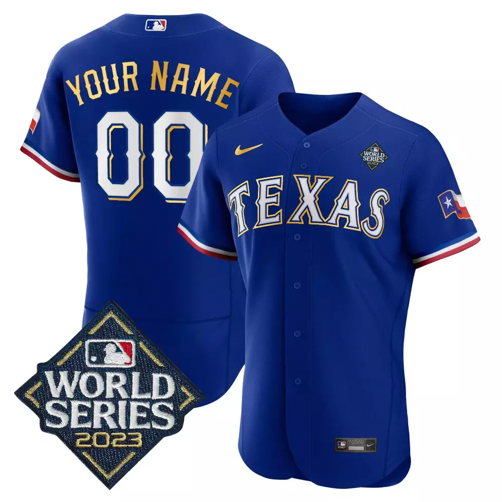 royal men texas rangers 2023 world series flex base gold trim custom jersey v2 all stitched