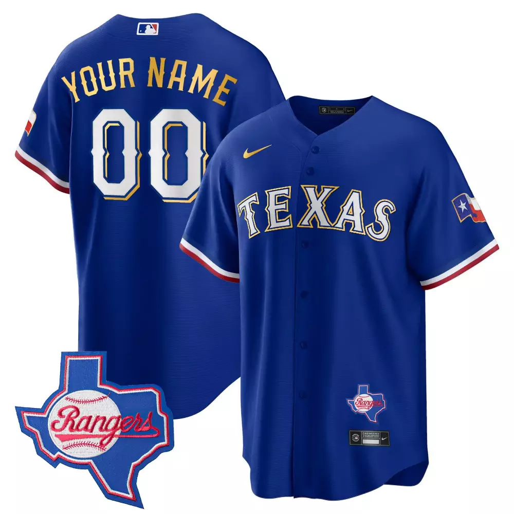 royal men texas rangers gold trim cool base custom jersey texas patch all stitched