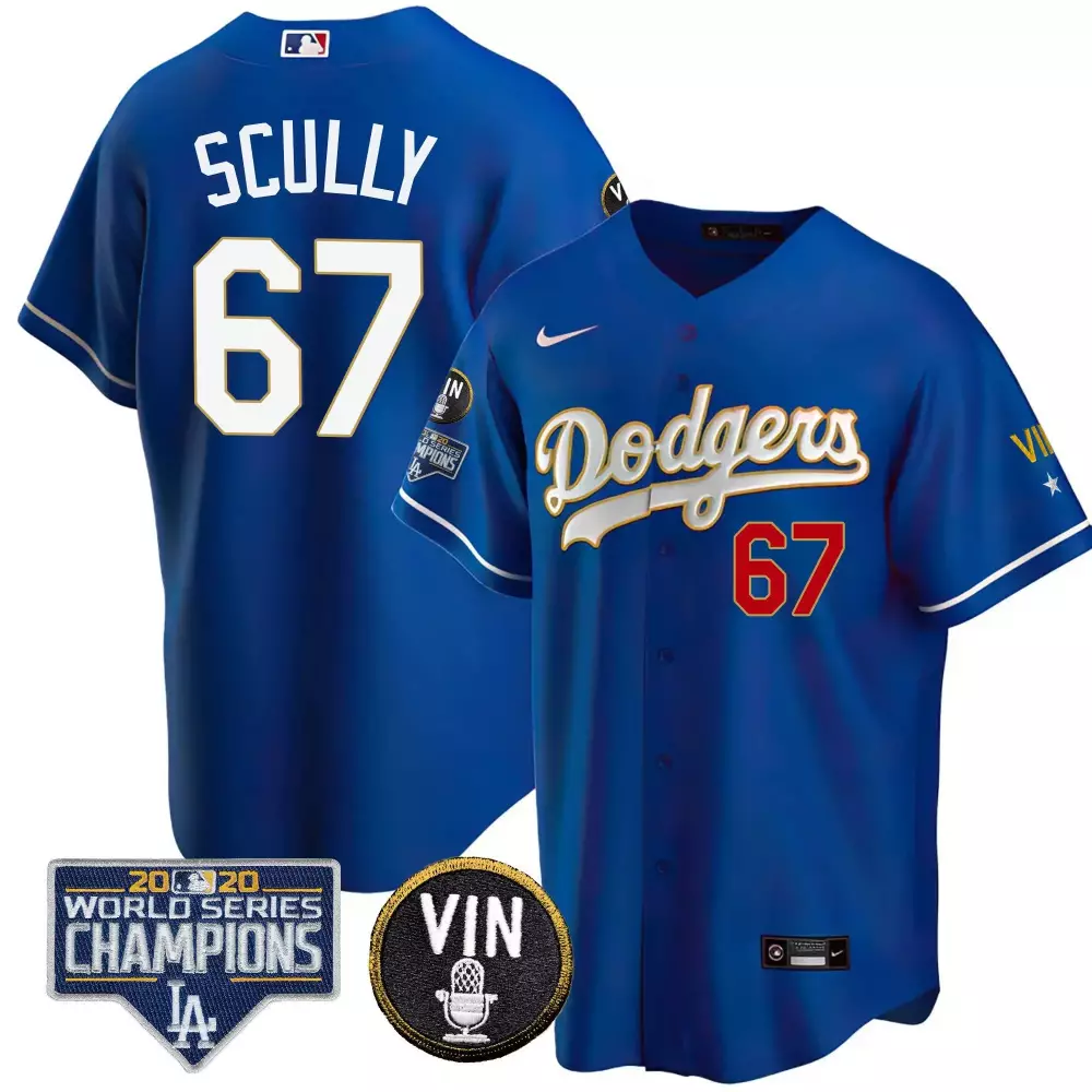 Vin Scully Dodgers World Series Champions Patch Gold Trim Jersey | Limited Edition Stitched Fan Gear | For Women