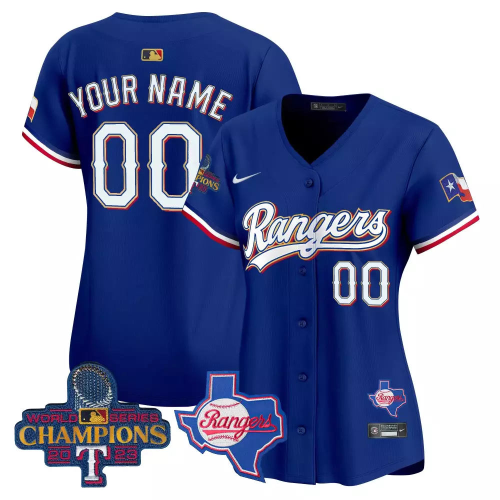 royal women texas rangers 2023 world series champions gold trim vapor premier limited custom jersey v2 all stitched
