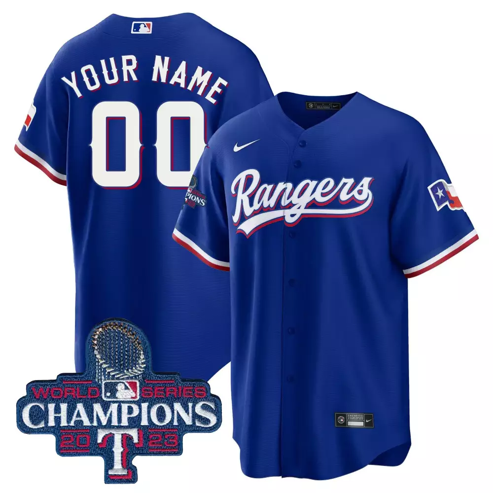 royal youth texas rangers 2023 world series champions city connect vapor premier limited custom jersey all stitched