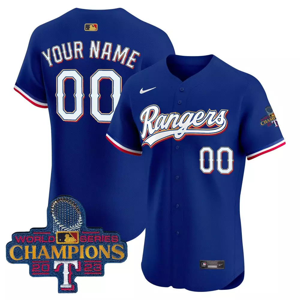 royal youth texas rangers 2023 world series champions city connect vapor premier limited custom jersey all stitched