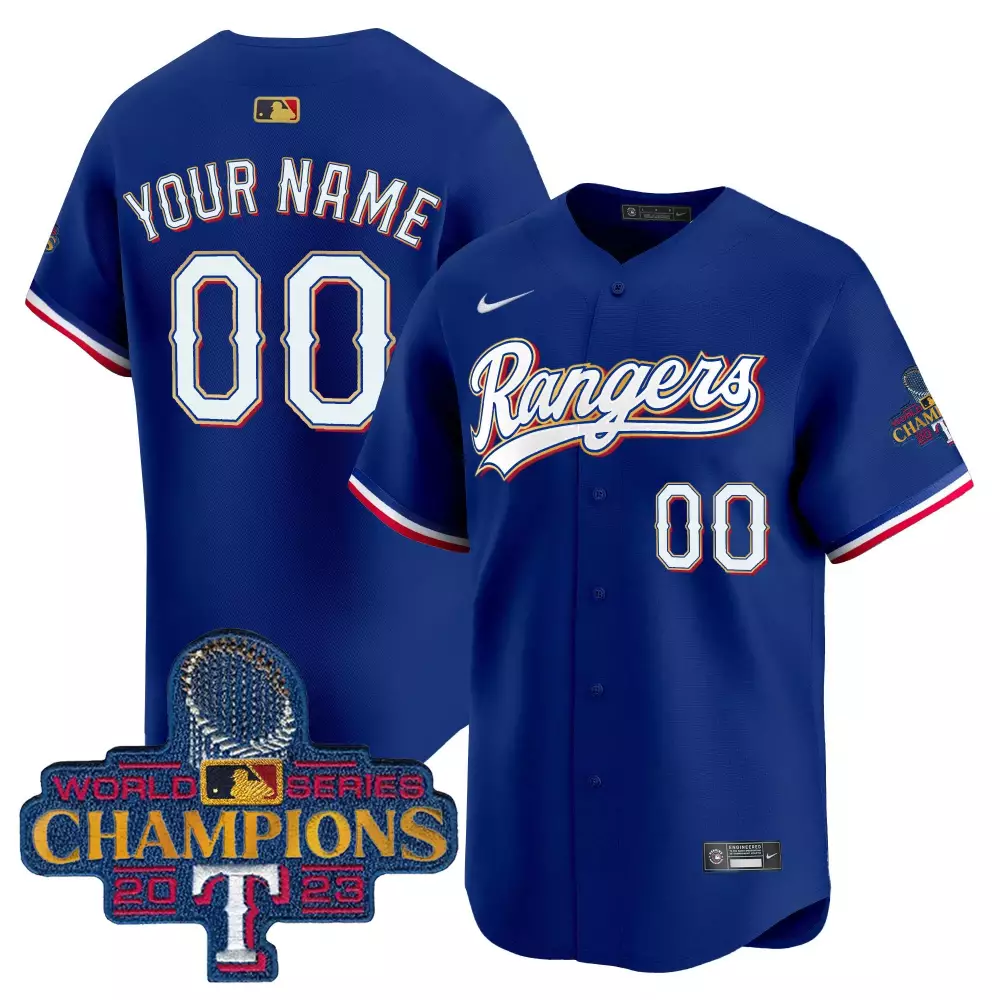 royal youth texas rangers 2023 world series champions city connect vapor premier limited custom jersey all stitched