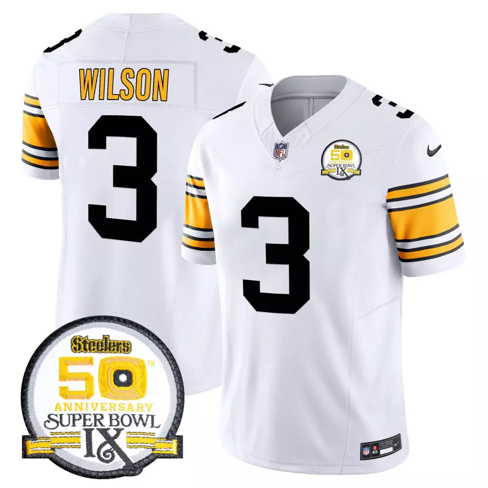 Russell Wilson 1975 White Men's Pittsburgh Steelers 50th Anniversary Vapor Limited Jersey | Super Bowl IX Patch | For Men, Women & Youth
