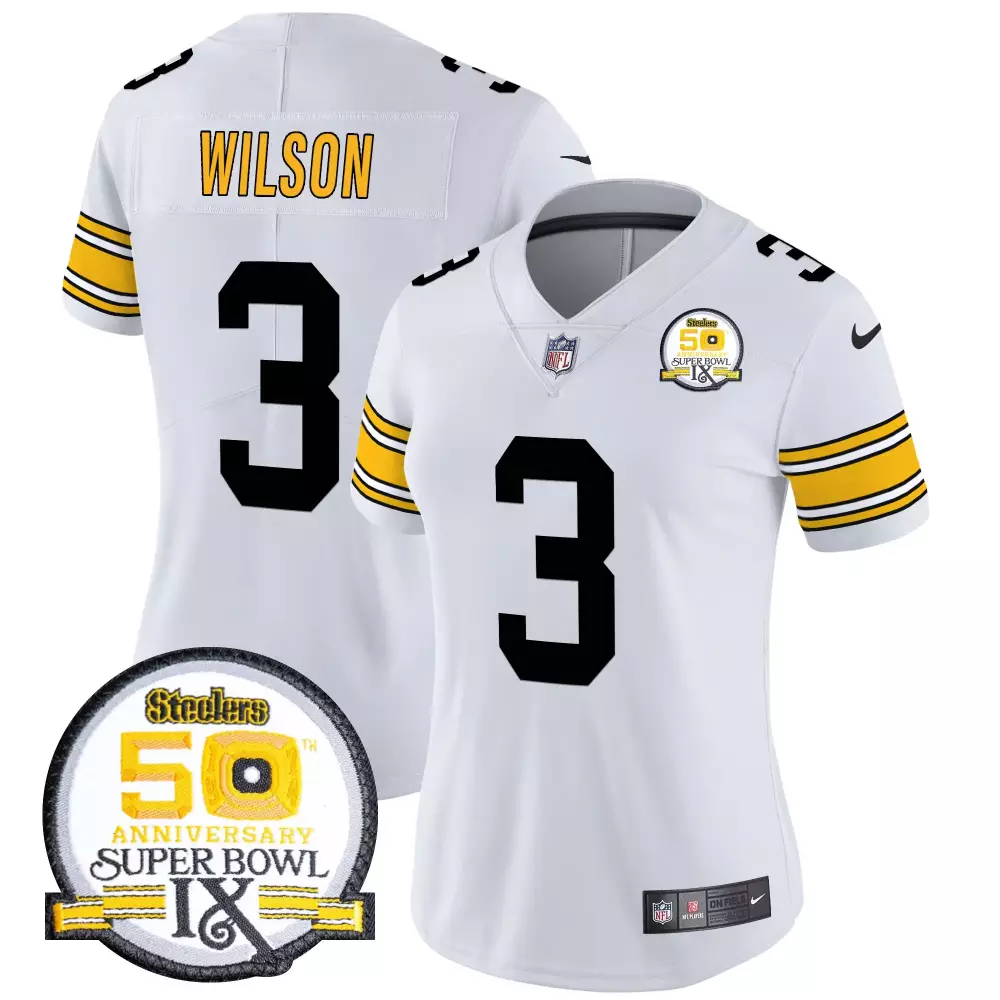 Russell Wilson 1975 White Women's Pittsburgh Steelers 50th Anniversary Vapor Limited Jersey | Super Bowl IX Patch | For Men, Women & Youth