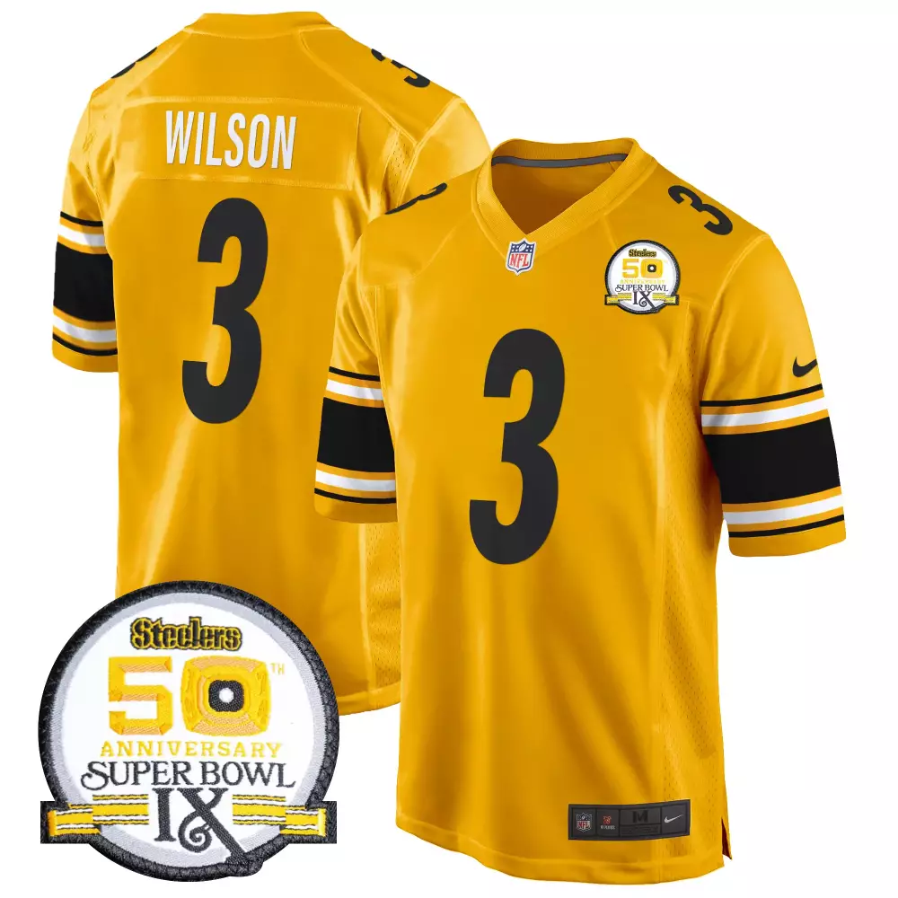 Russell Wilson Pittsburgh Steelers 50th Anniversary Gold Patch Game Jersey | Black Men's All Stitched | For Men, Women & Youth