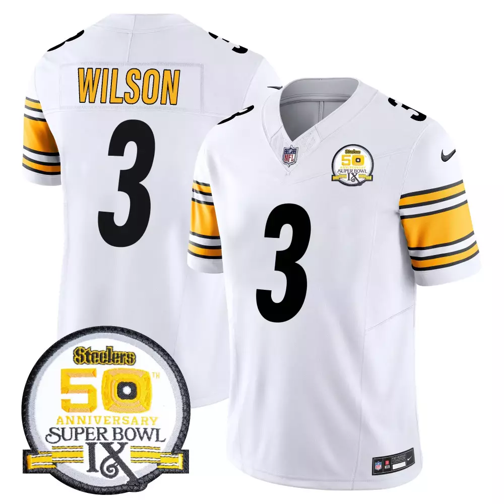 Russell Wilson Pittsburgh Steelers 50th Anniversary Super Bowl IX Patch Jersey | White Vapor Limited Style | Fan Gear for All
