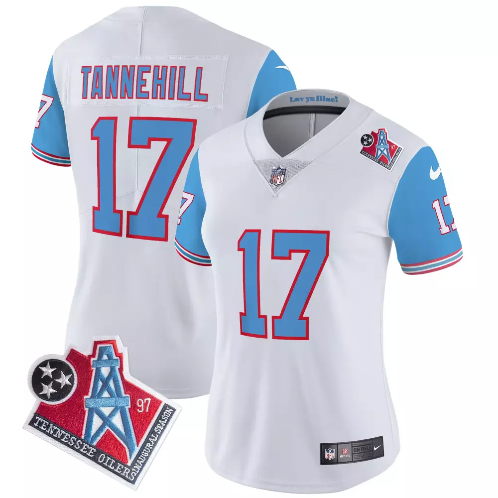 Ryan Tannehill Blue Sleeves Women's Tennessee Titans 1997 Throwback Limited Vapor Jersey | All Stitched | Fan Gear | For Women, Men & Youth