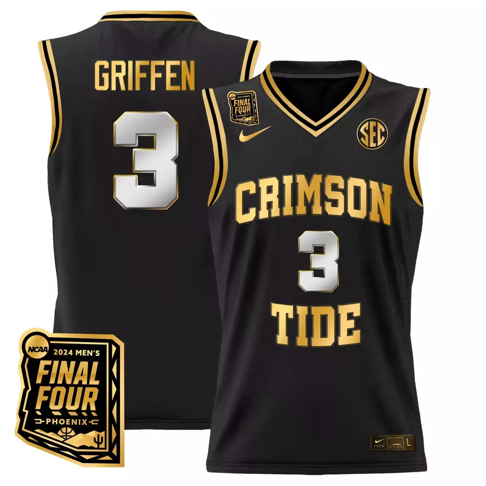 rylan griffen black gold mens alabama crimson tide 2024 final four patch basketball jersey all stitched