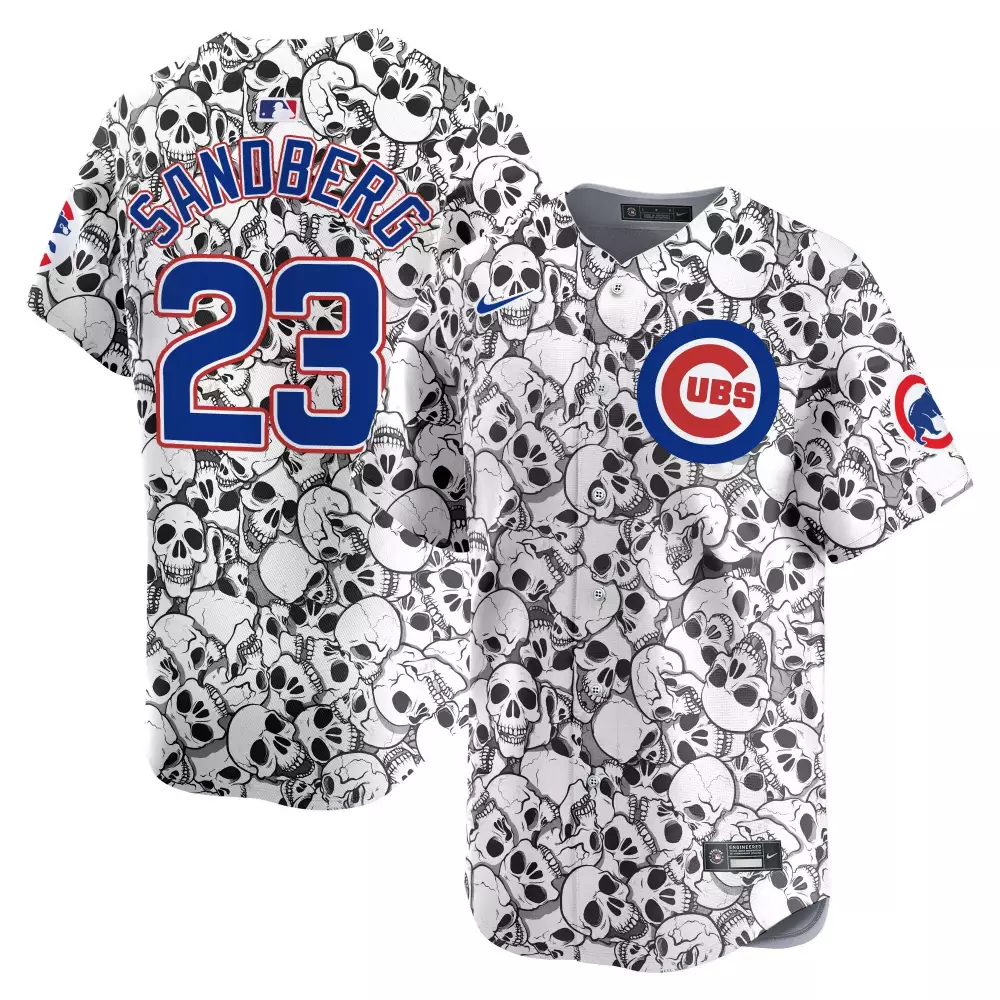 ryne sandberg white unisex chicago cubs halloween skull pile vapor premier limited jersey printed