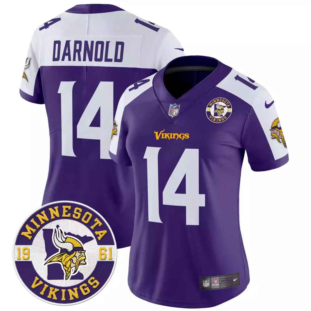 sam darnold purple alternate womens minnesota vikings 2024 vapor limited jersey v2 est 1961 patch all stitched