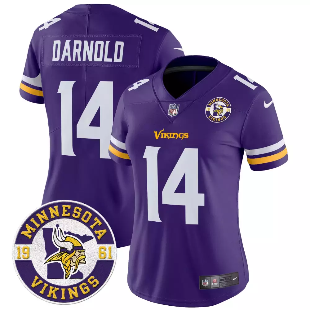 sam darnold purple womens minnesota vikings 2024 vapor limited jersey v2 est 1961 patch all stitched