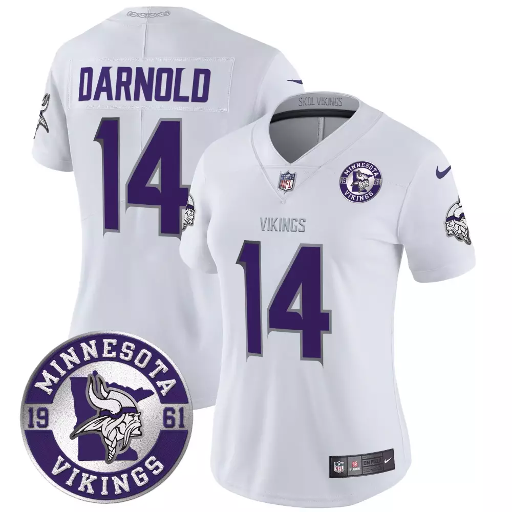 sam darnold winter warrior womens minnesota vikings 2024 vapor limited jersey v2 est 1961 patch all stitched