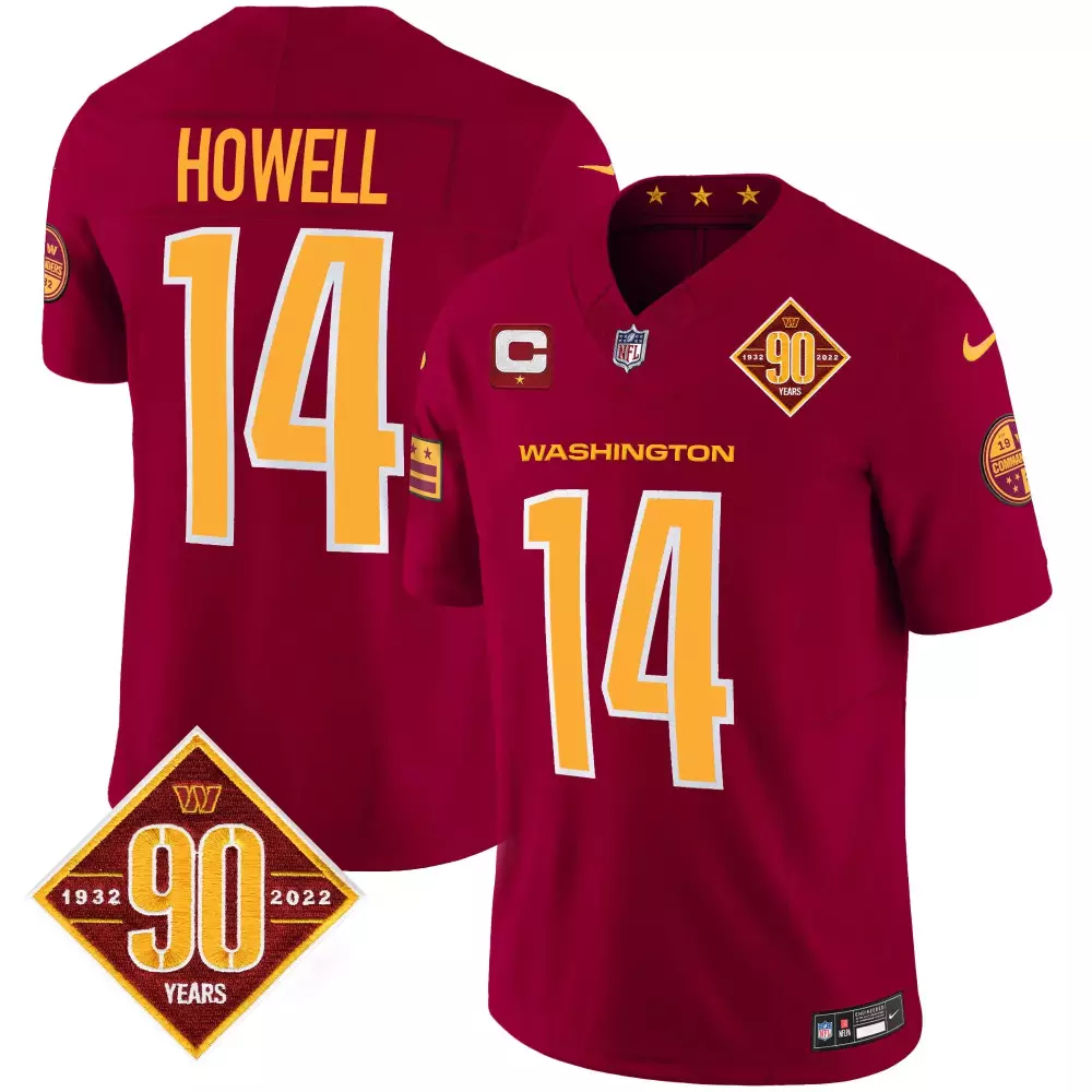 sam howell burgundy mens washington commanders 90th anniversary patch vapor jersey all stitched